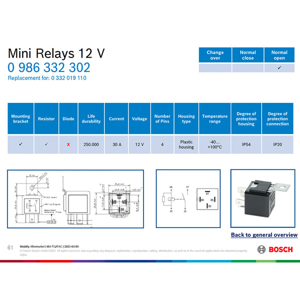 Bosch 0986332302 Normal Open Mini Relay, Resistor 4 Pins, 12 V, 30 A