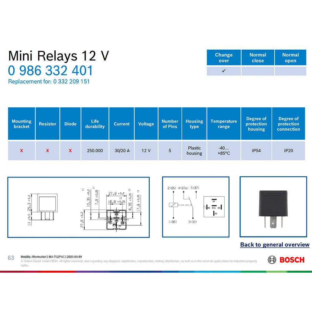 Bosch 0986332401 Change Over Mini Relay, 12 V, 30/20 A, 5 Pins