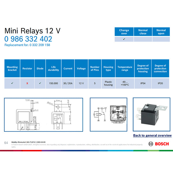 BOSCH 0986332402 Changeover Mini Relay, Diode, 5 Pins, 12 V, 20/30 A