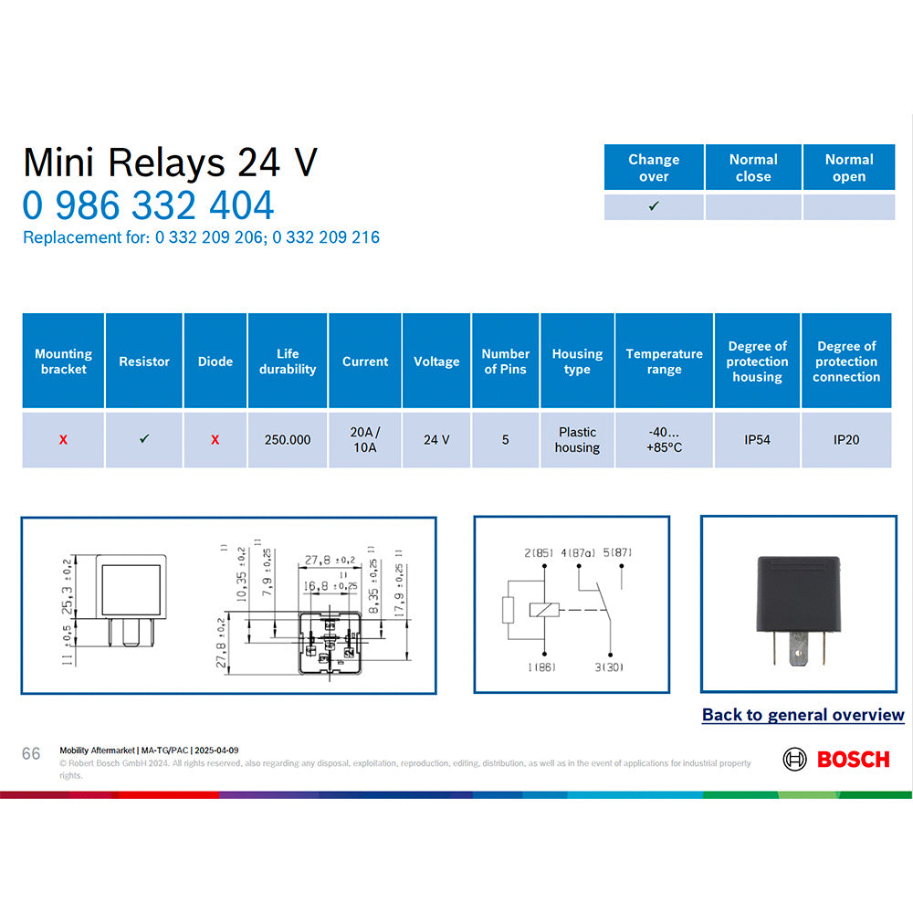 BOSCH 0986332404 Change Over Mini Relay, 5 Pins, 24 V, 20A/10A, Resistor