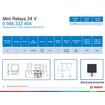 BOSCH 0986332404 Change Over Mini Relay, 5 Pins, 24 V, 20A/10A, Resistor