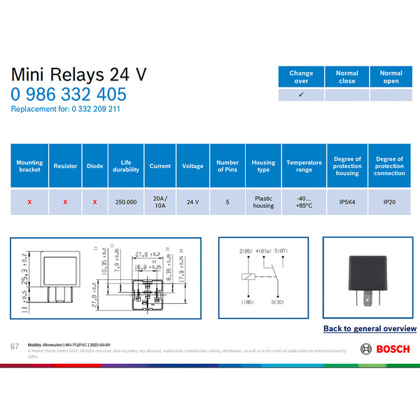 BOSCH 0986332405 Changeover Mini Relay, 5 Pins, 24 V, 20/10 A