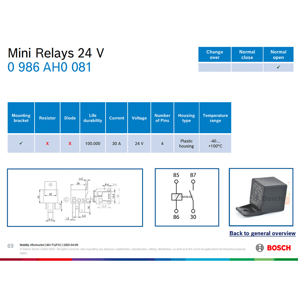 BOSCH 0986AH0081 Normal Open Mini Relay, 24V, 30A, 4 Pins