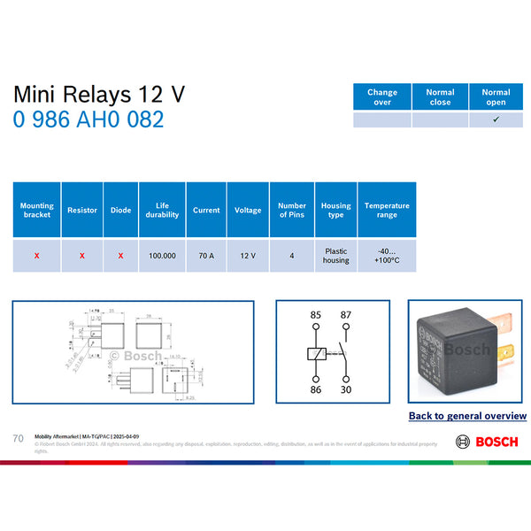 Bosch 0986AH0082 Normal Open Mini Relay, 4 Pins, 12V 70A