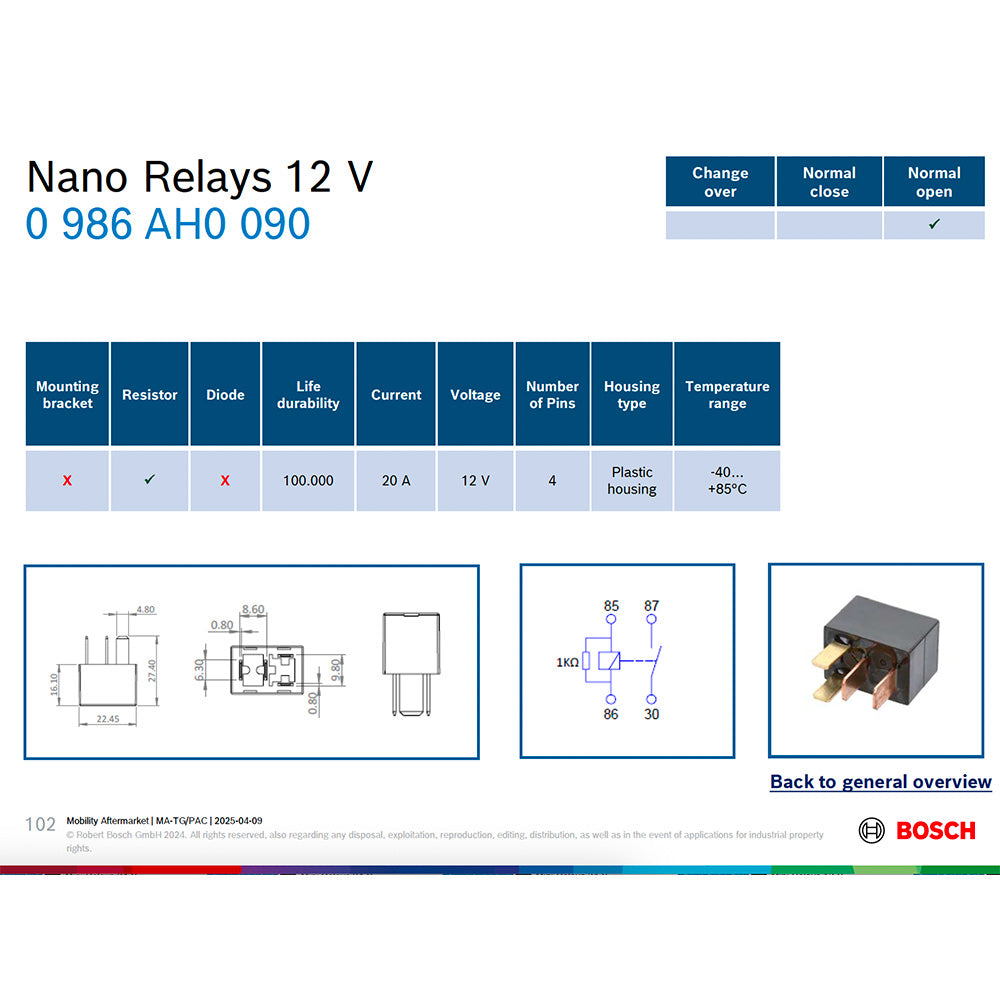Bosch 0986AH0090 Normal Open Nano Relay, Resistor 4 Pins, 12V 20A