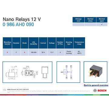 Bosch 0986AH0090 Normal Open Nano Relay, Resistor 4 Pins, 12V 20A