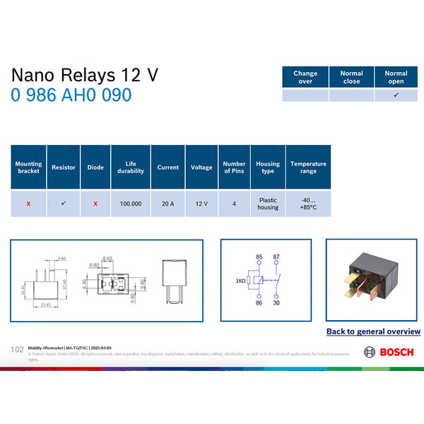 Bosch 0986AH0090 Normal Open Nano Relay, Resistor 4 Pins, 12V 20A