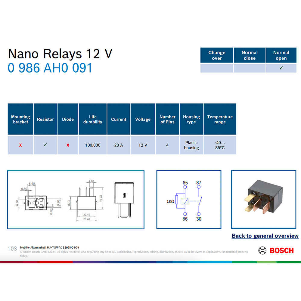 Bosch 0986AH0091 Normal Open Nano Relay, Resistor, 4 Pins 12V 20A