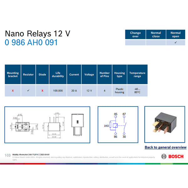 Bosch 0986AH0091 Normal Open Nano Relay, Resistor, 4 Pins 12V 20A