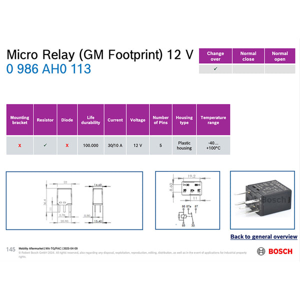 Bosch 0986AH0113 Change Over Micro Relay, 5 Pins 12V 30/10 A, Resistor (GM Footprint)