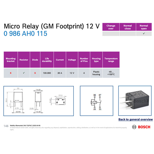 Bosch 0986AH0115 Normal Open Micro Relay, 4 Pins 12V 30A, Resistor (GM Footprint)