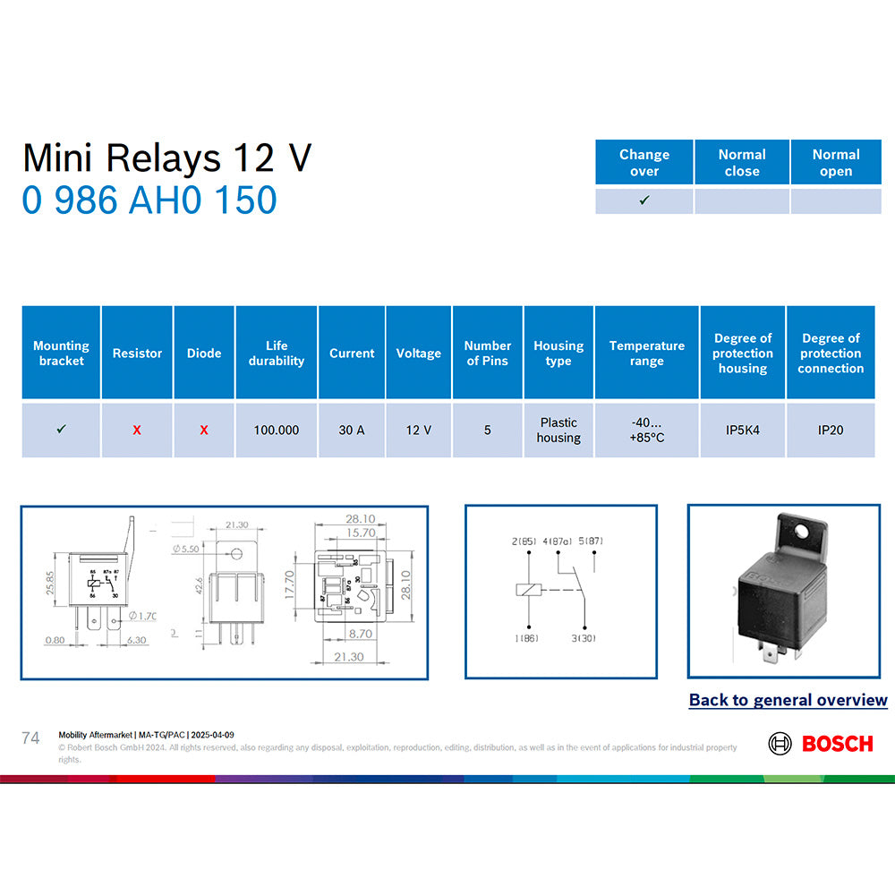 Bosch 0986AH0150 Change Over Mini Relay, 5 Pins, 12V, 30A