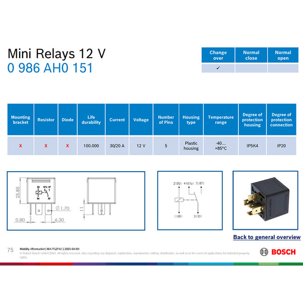 Bosch 0986AH0151 Changeover Mini Relay, 5 Pins, 12 V, 30/20 A