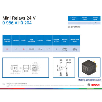 BOSCH 0986AH0204 Normal Open Mini Relay, 24V, 30A, 4 Pins, Resistor