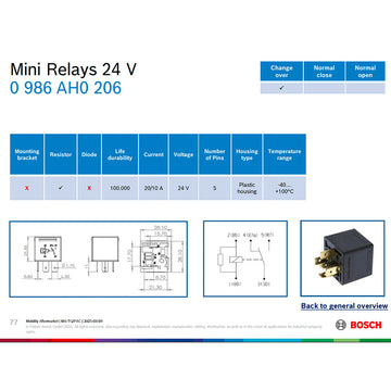 BOSCH 0986AH0206 Change Over Mini Relay, 5 Pins, 24 V, 20/10 A, Resistor