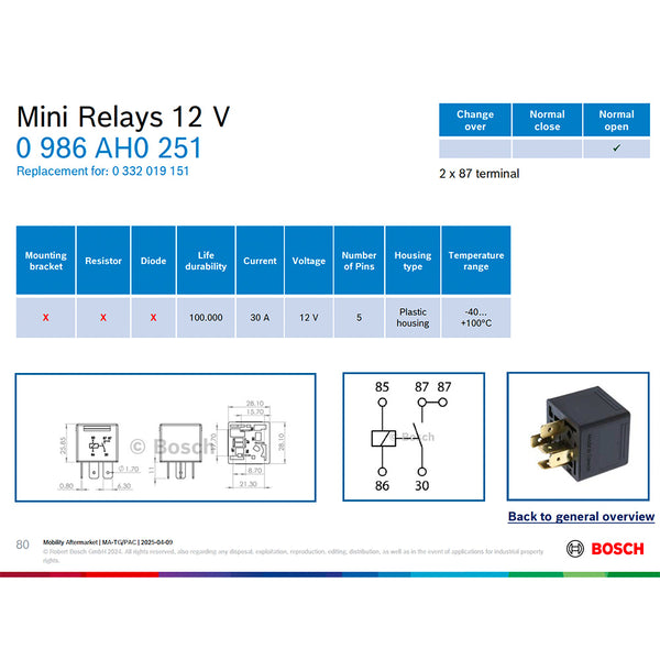 BOSCH 0986AH0251 Normal Open Mini Relay, 12V, 30A, 5 Pins