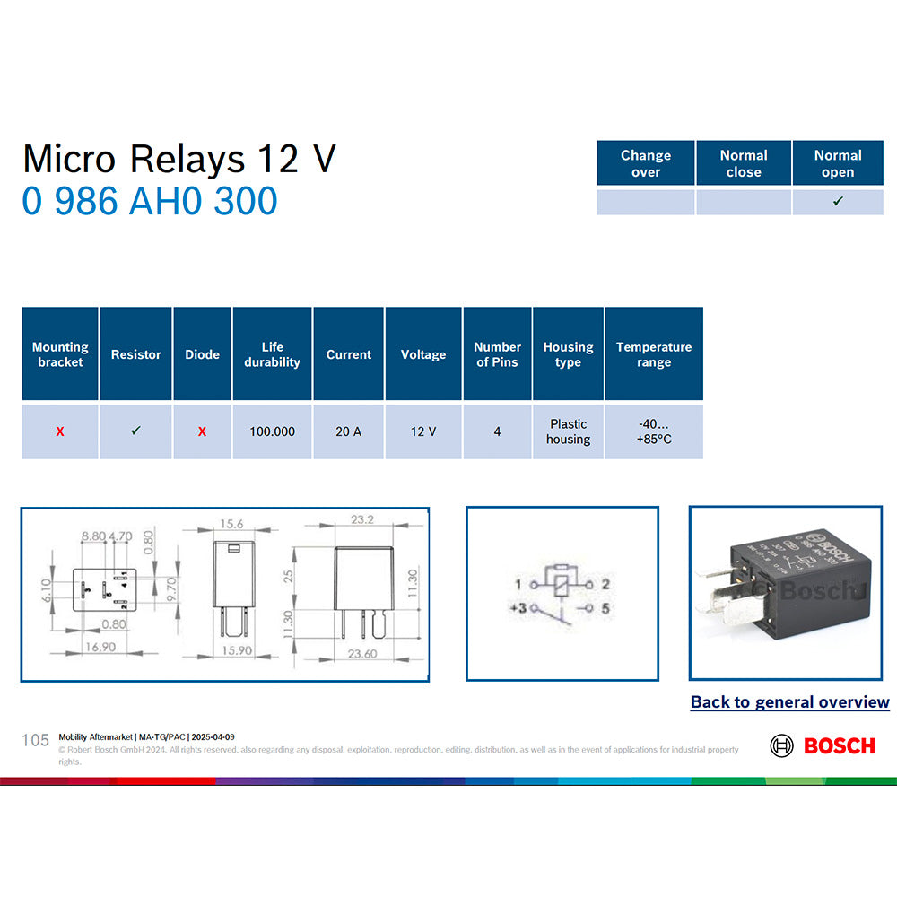 Bosch 0986AH0300 Normal Open Micro Relay, 4 Pins, 12V, 20A, Resistor