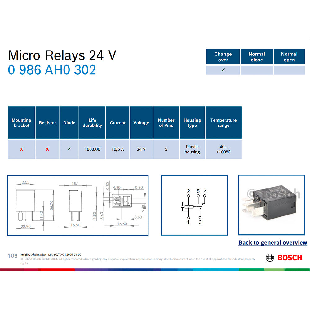 Bosch 0986AH0302 Change Over Micro Relay, 5 Pins, 24V, 10/5A, Diode