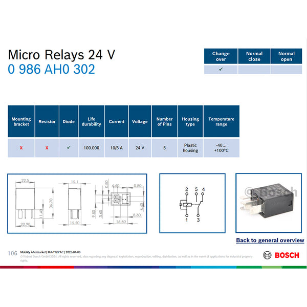 Bosch 0986AH0302 Change Over Micro Relay, 5 Pins, 24V, 10/5A, Diode