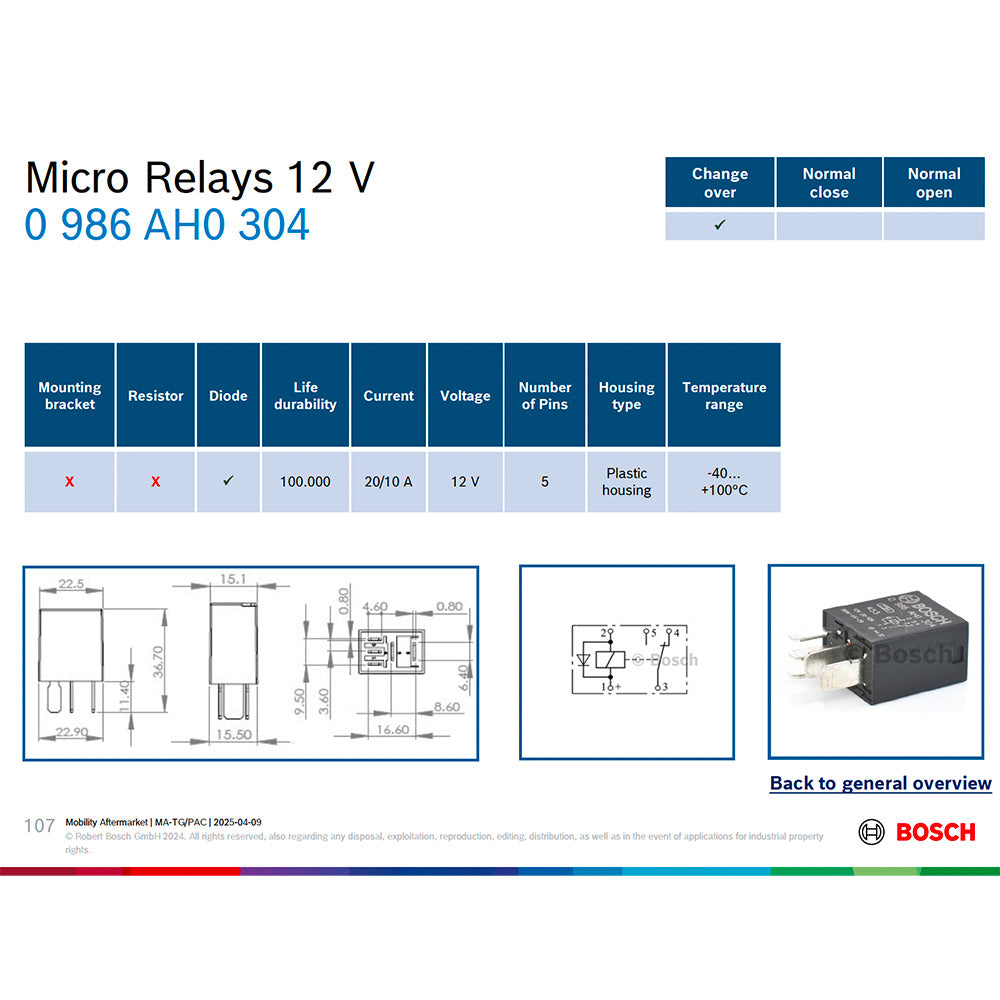Bosch 0986AH0304 Micro Relay - 5 Pins, 12V 20/10A