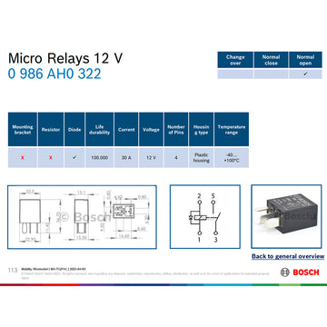Bosch 0986AH0322 Normal Open Micro Relay, 4 Pins, 12V, 30A, Diode