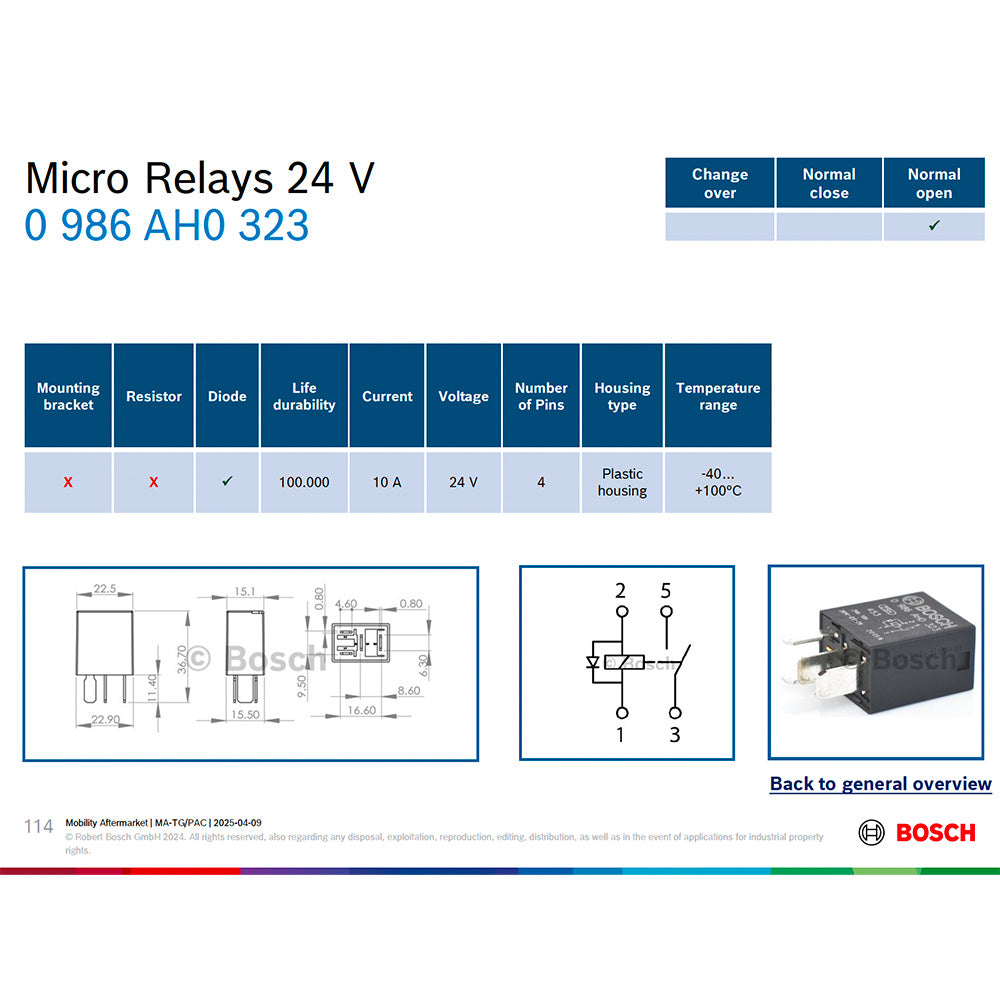 Bosch 0986AH0323 Normal Open Micro Relay, 4 Pins, 24V, 10A, Diode