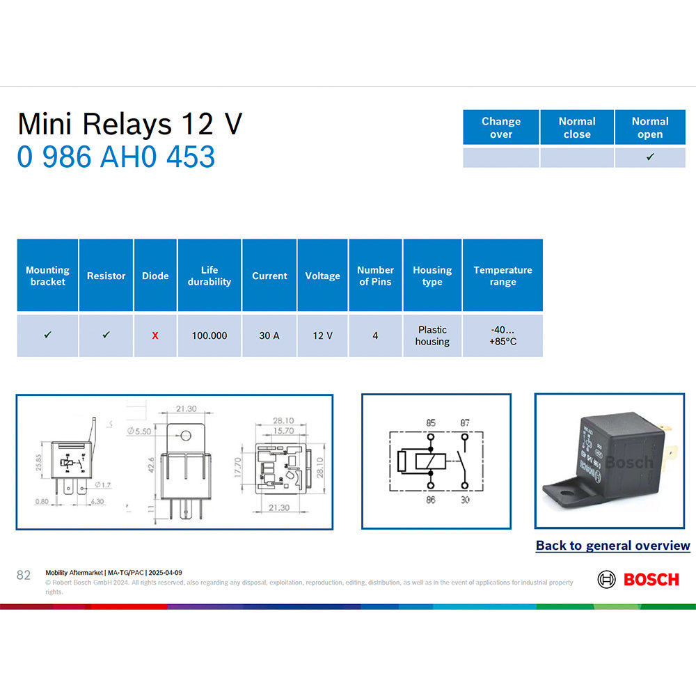 BOSCH 0986AH0453 Normal Open Mini Relay, Resistor, 4 Pins, 12 V, 30 A