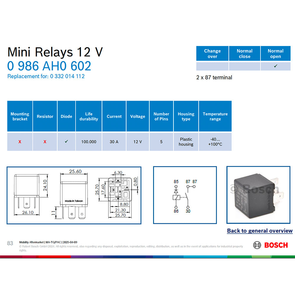 Bosch 0986AH0602 Normal Open Mini Relay, Diode, 5 Pins 12V 30A