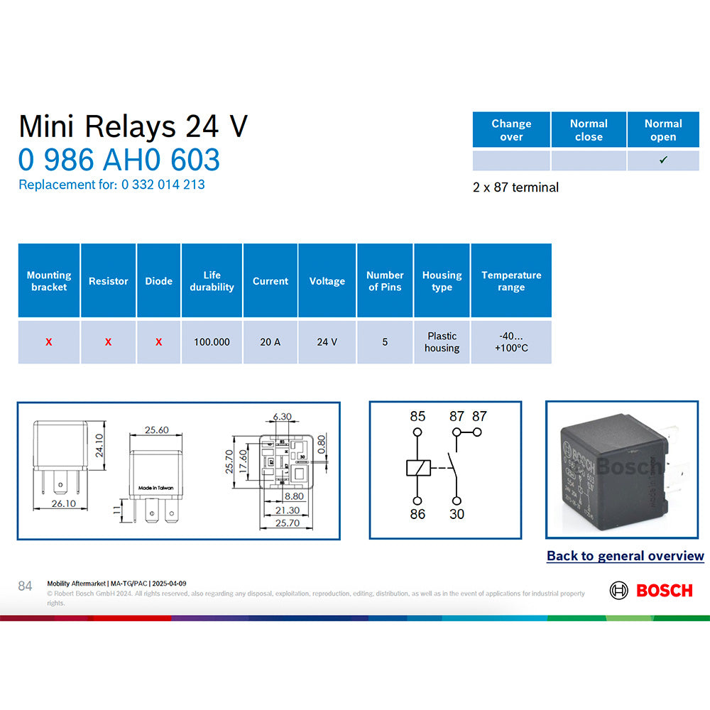 BOSCH 0986AH0603 Normal Open Mini Relay, 5 Pins, 24 V, 20 A