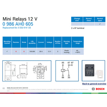 Bosch 0986AH0605 Normal Open Mini Relay, 5 Pins 12V 30A