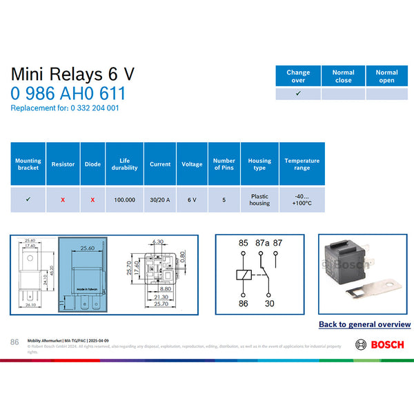 Bosch 0986AH0611 Change Over Mini Relay, 5 Pins 6V 30/20A
