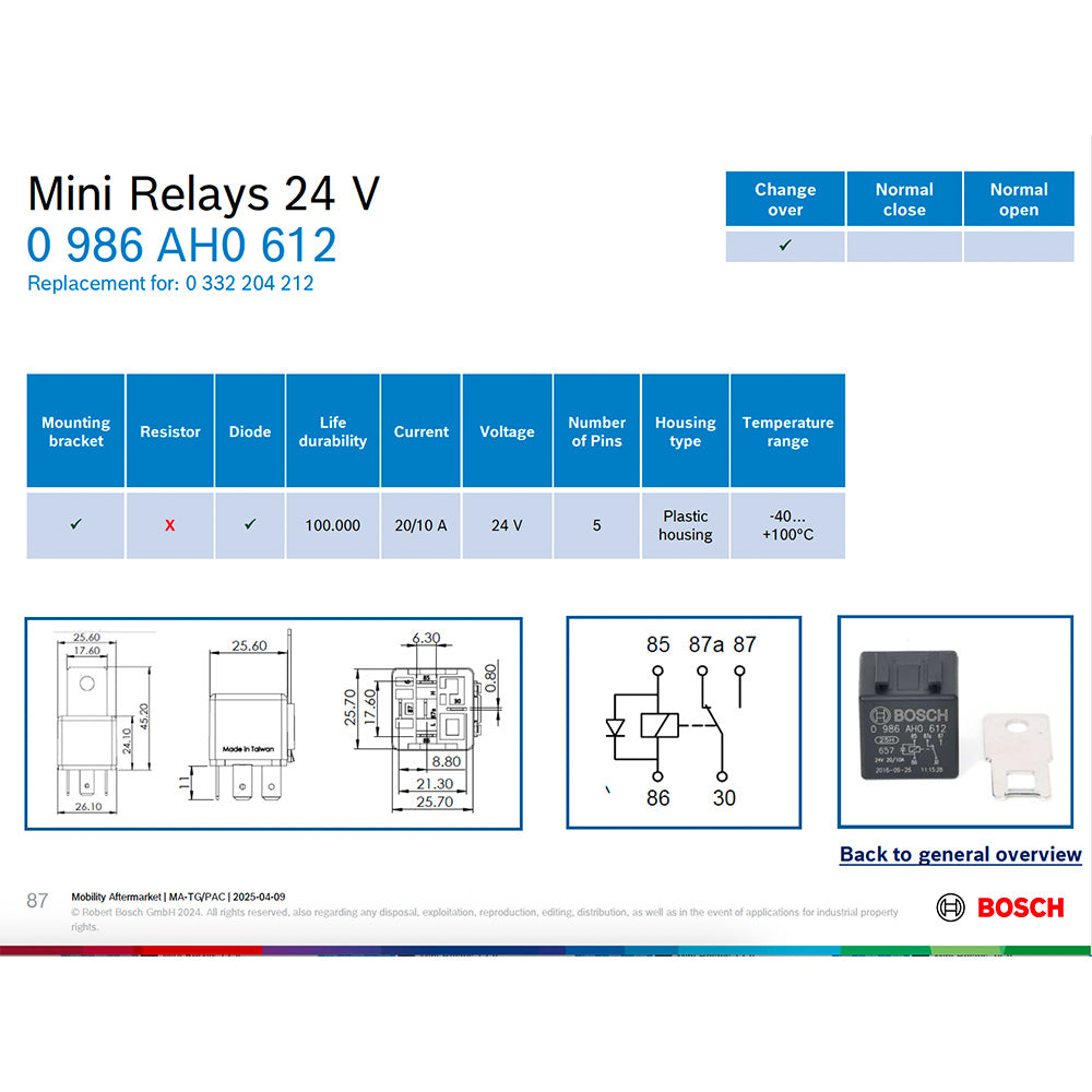 BOSCH 0986AH0612 Change Over Mini Relay, Diode, 24V, 20/10A, 5 Pins