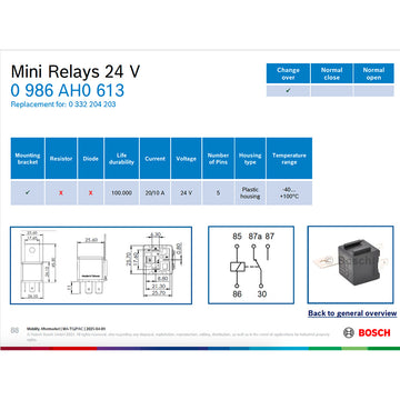 Bosch 0986AH0613 Change Over Mini Relay, 5 Pins, 24V, 20/10A