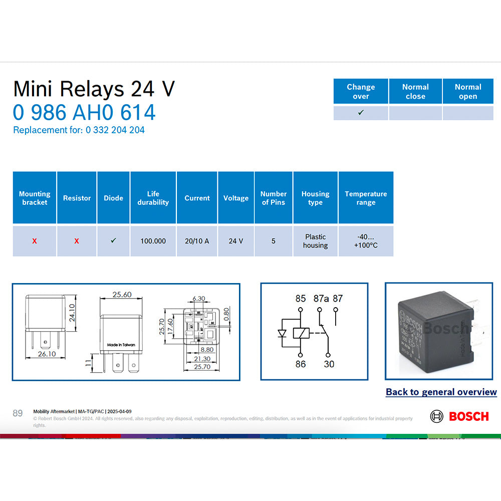 Bosch 0986AH0614 Change Over Mini Relay, 5 Pins, 12V, 20/10A, Diode