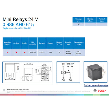 Bosch 0986AH0113 Change Over Micro Relay, 5 Pins 12V 30/10 A, Resistor (GM Footprint)