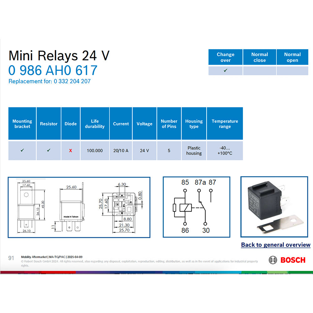 Bosch 0986AH0617 Change Over Mini Relay, 5 Pins, 24V, 20/10A, Resistor