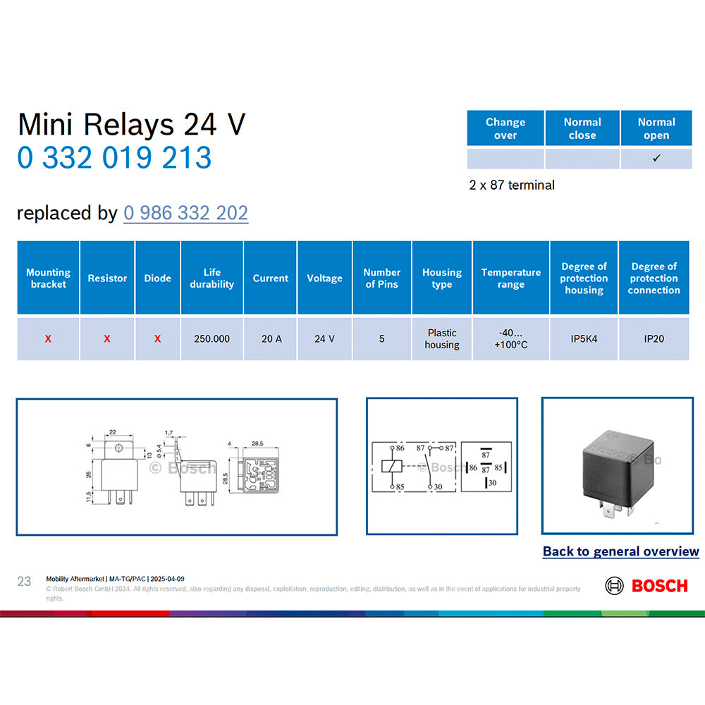 BOSCH 0332019456 Normal Open Mini Relay, Resistor, 4 Pins, 12 V, 30 A (SUPERSEDED TO 0986332211)