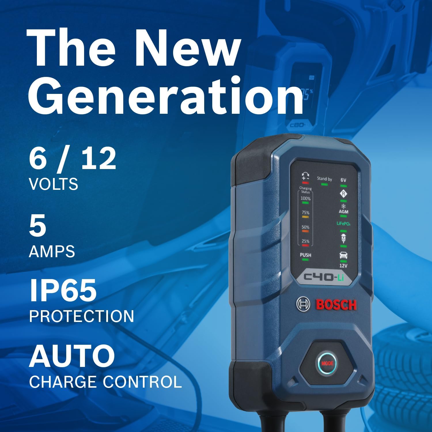 Bosch C40-Li 5A 6V/12V Next-Gen Smart Battery Charger (Compatible with AGM, EFB, GEL, SLI, LiFeP04)