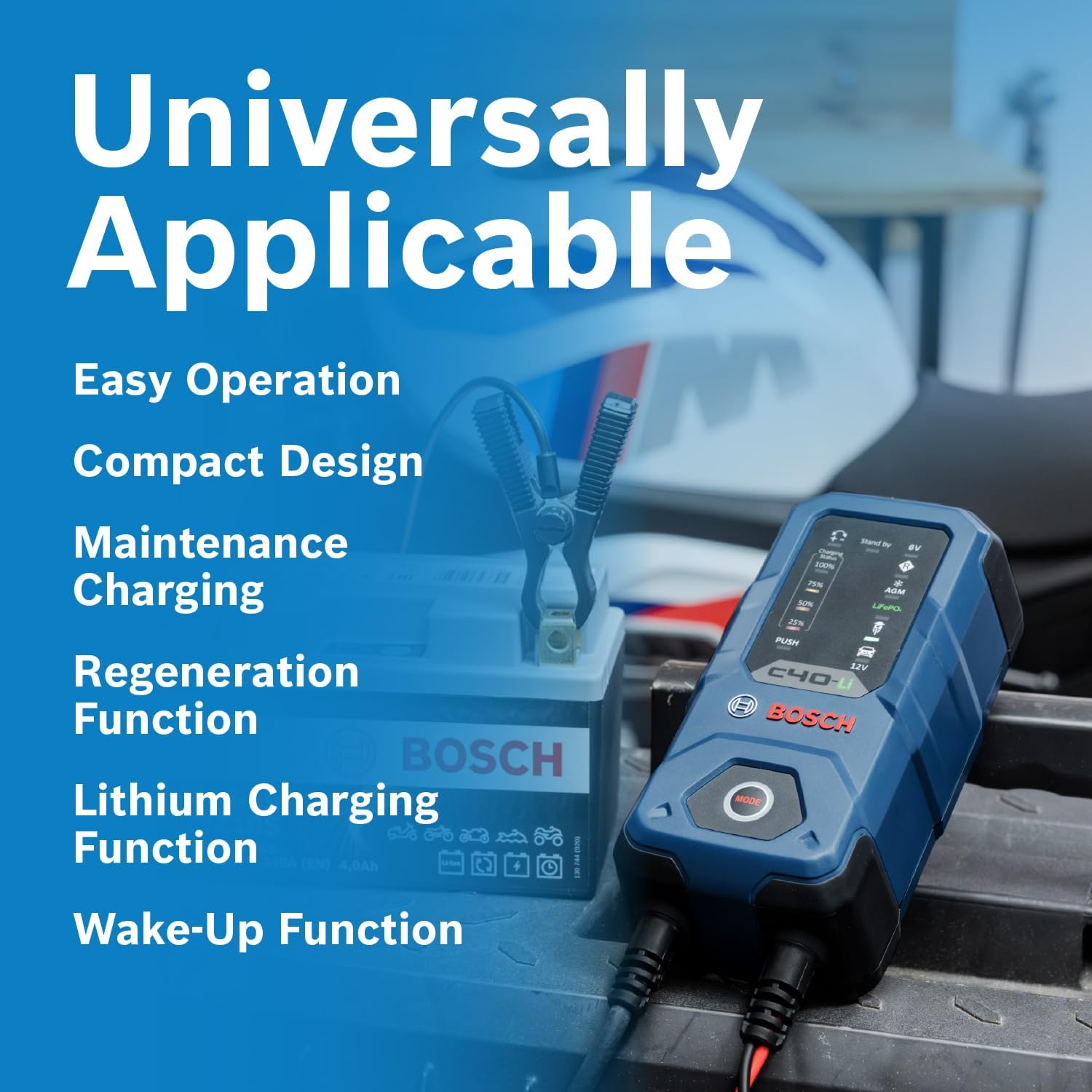 Bosch C40-Li 5A 6V/12V Next-Gen Smart Battery Charger (Compatible with AGM, EFB, GEL, SLI, LiFeP04)