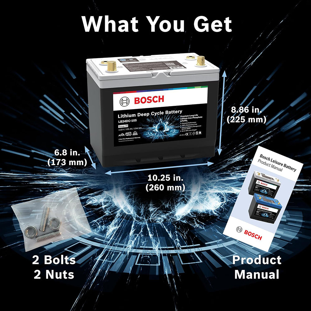 BOSCH LB24DC105 Deep Cycle Marine/RV Solar Lithium Battery, Group 24, 105 Ah