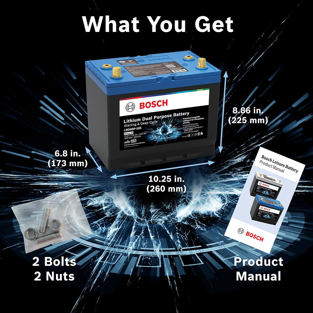 BOSCH LB24DP105 Dual Purpose Marine/RV Solar Lithium Battery, Group 24, 105 Ah