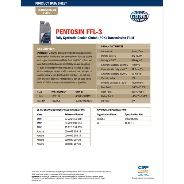 Pentosin 1052107 FFL3 Double Clutch Transmission Fluid for Porsche PDK transmissions, 1 Liter