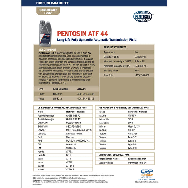 Pentosin 1058112 ATF 44 Automatic Transmission Fluid, 1 Liter
