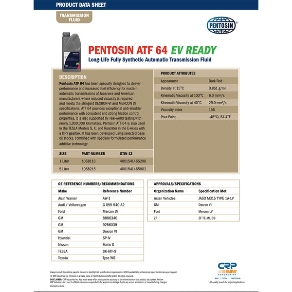 Pentosin 1058113 ATF 64 Fluid for Asian Warner Transmissions, 1 Liter