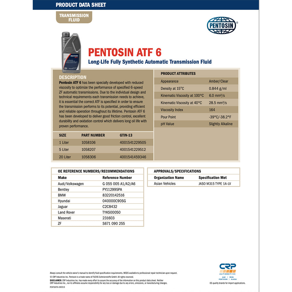 Pentosin 1058207 ATF 6 FLUID for ZF 6-speed transmissions , 5 Liter
