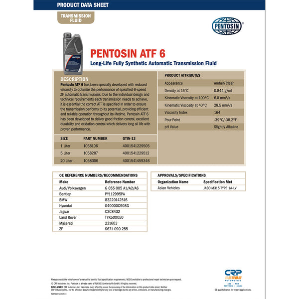 Pentosin 1058207 ATF 6 FLUID for ZF 6-speed transmissions , 5 Liter