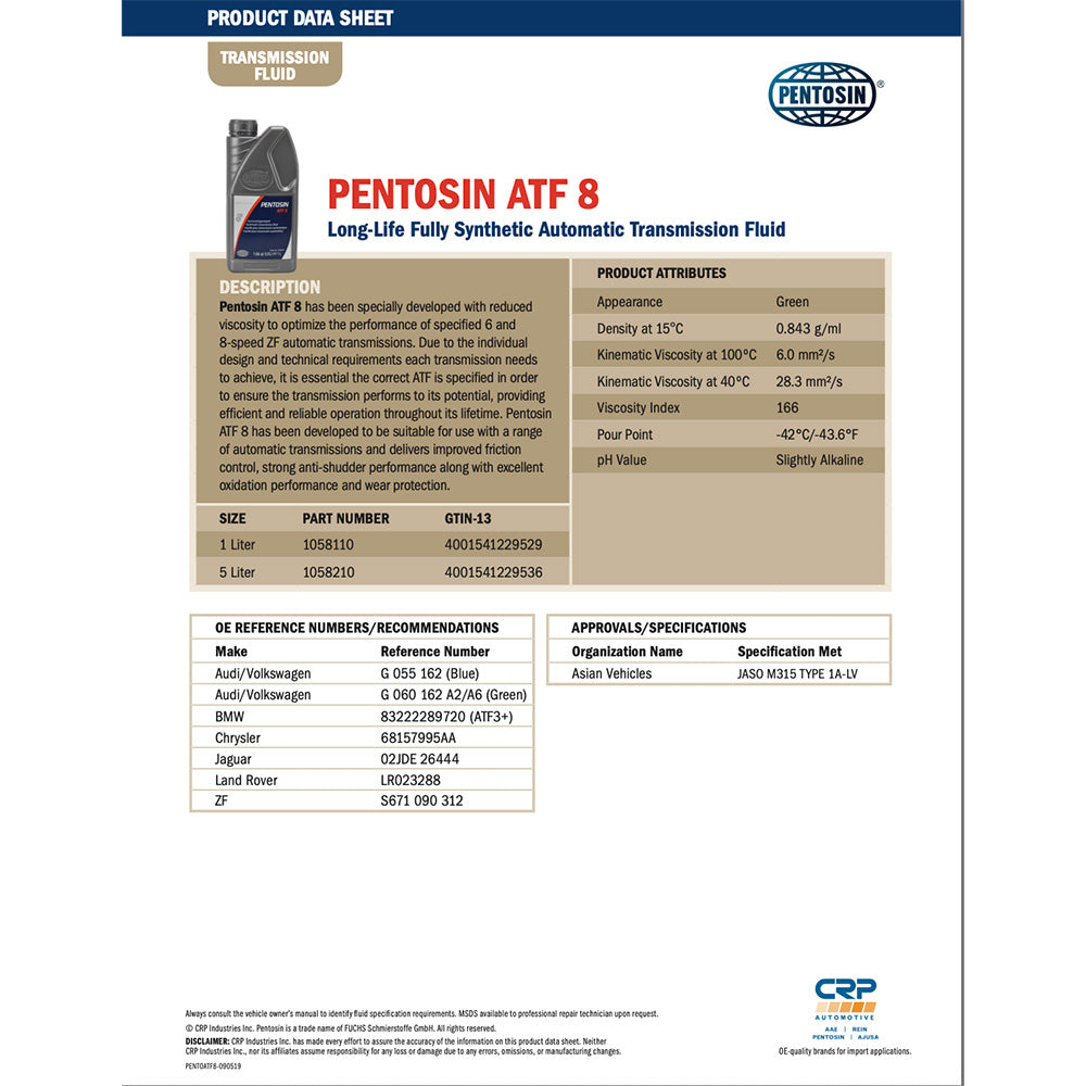 Pentosin 1058210 ATF 8 FLUID for specified ZF 6 and 8-speed transmissions, 5 Liter
