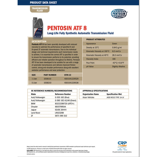 Pentosin 1058210 ATF 8 FLUID for specified ZF 6 and 8-speed transmissions, 5 Liter