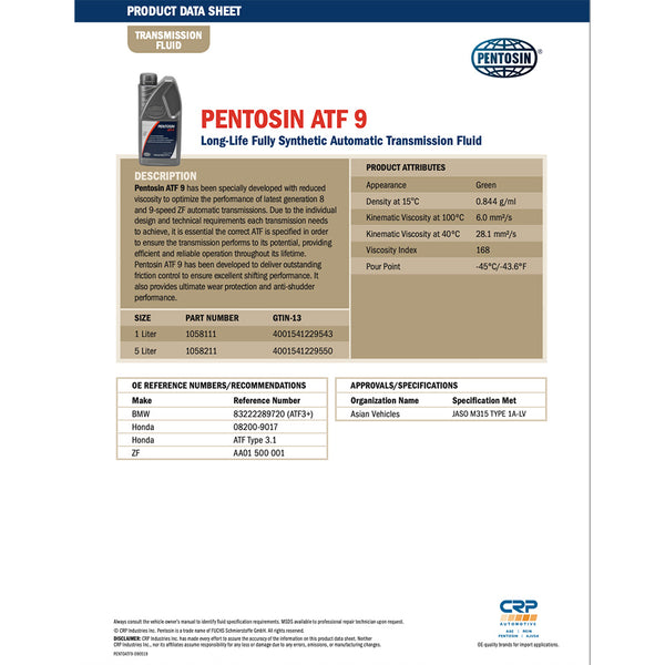 Pentosin 1058211 ATF 9 FLUID for the ZF 8 and 9-speed automatic transmissions , 5 Liter
