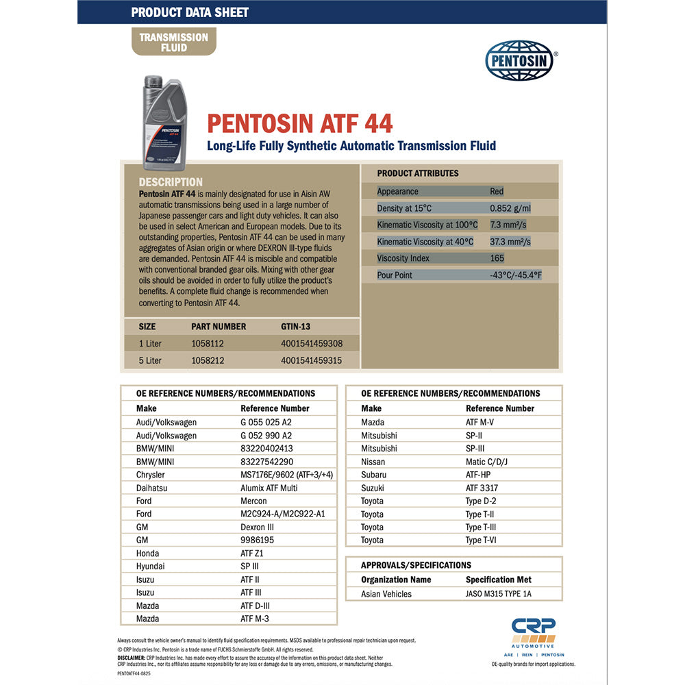 Pentosin 1058212 ATF 44 FLUID for Asian Warner Transmissions, 5 Liter